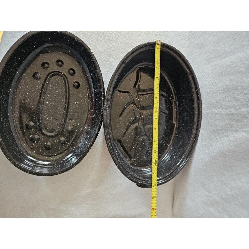 Black Speckled Enamel Roasting Pan With Lid Oval Graniteware 15 Inch